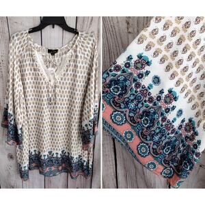 Suzanne Betro NEW Boho-Print Tied V-Neck Kimono-Sleeve Tunic Peasant Top 2X Plus